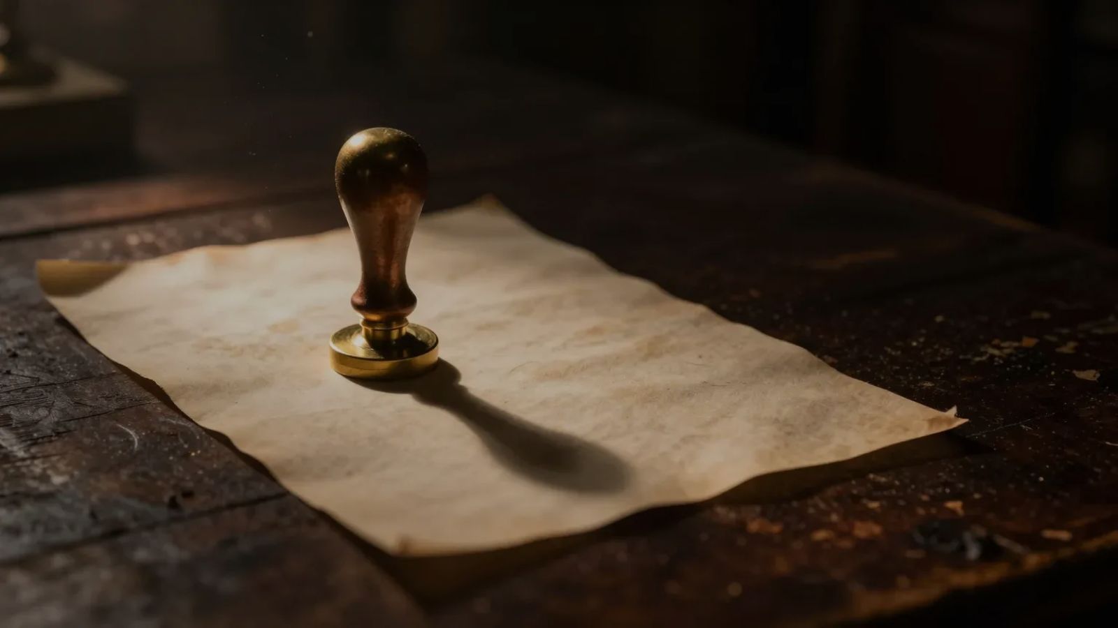 An antique brass seal stamp resting on a sheet of parchment on a dark desk