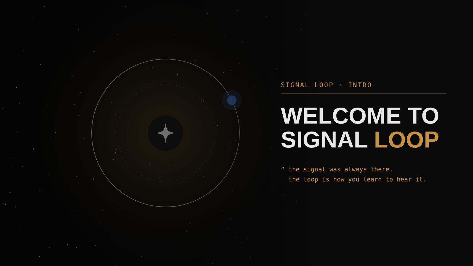 The Signal Loop orbit mark on a dark starfield, with the words welcome to signal loop